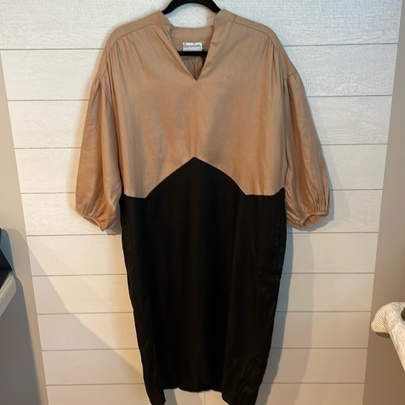 Saralam Women's Tan & Black 100% linen midi dress size 1X NWT! Lagenlook Neutral - Picture 1 of 14